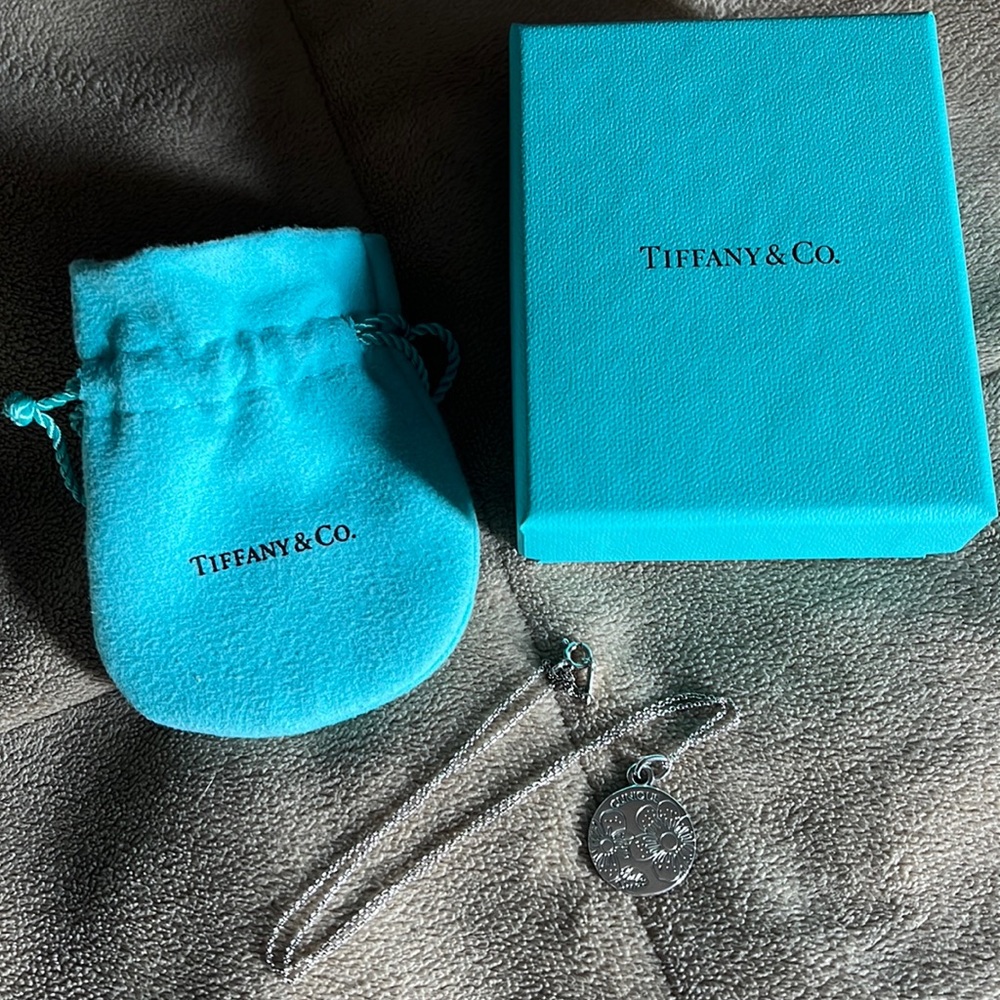 Tiffany and Co. Clinique Sterling Silver Flower Disc Necklace